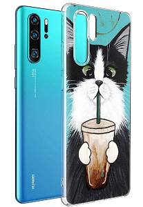 Funda Huawei P30 pro silicona transparente gatito bebiendo 