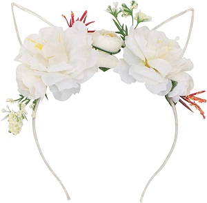 Diadema blanca con orejas y flores blancas
