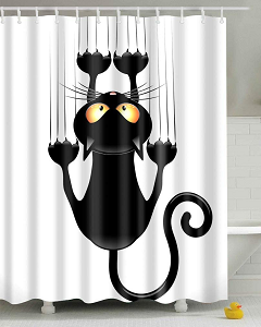 Cortina de ducha con gatito negro arañando
