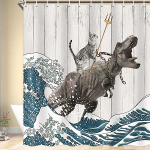 Cortina de ducha olas japonesas con gato montado en dinosaurio