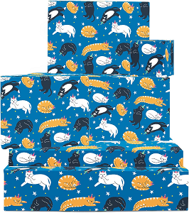 Papel de regalo azul con gatos acostados